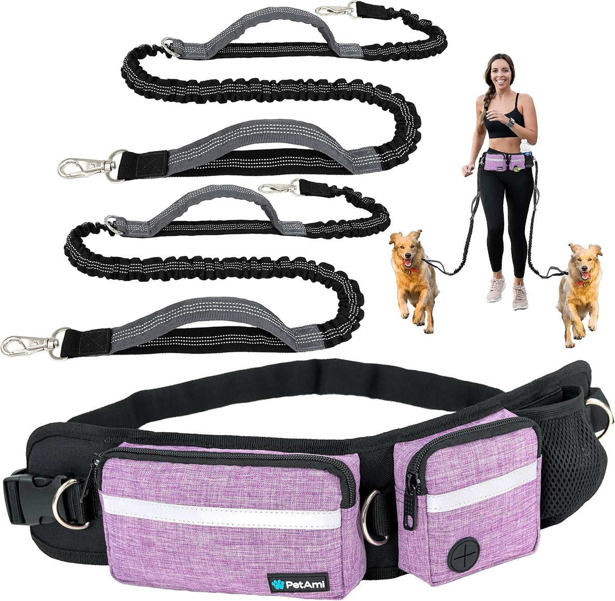 PetAmi Hands Free Dog Leash with Waist Running Belt Bag, Single – Essentials for Dogs - 2 Leashes / Purple