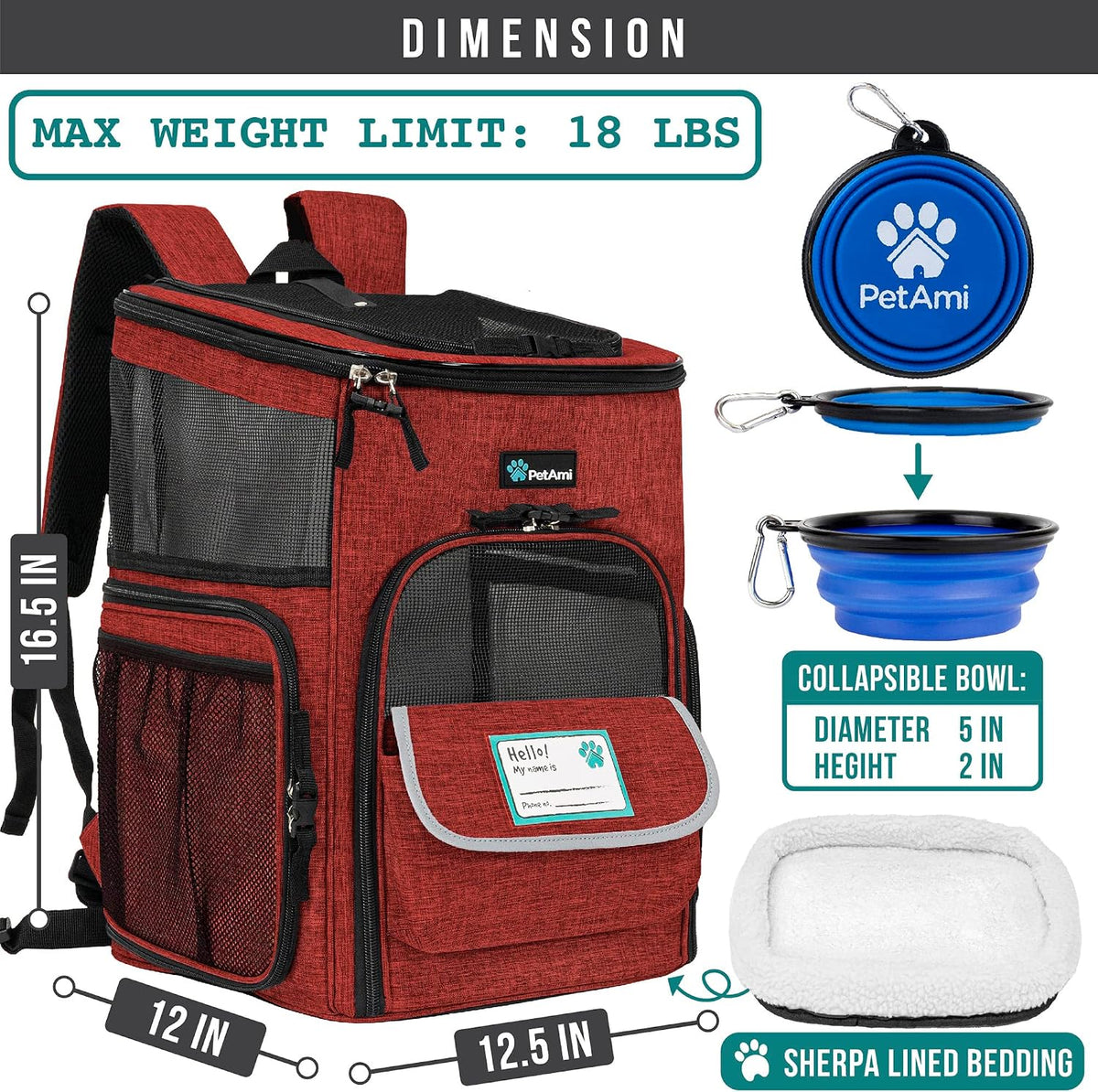 PetAmi Dog Backpack Carrier - Red / 12.5"L x 12.0"W x 16.5"H - image 2