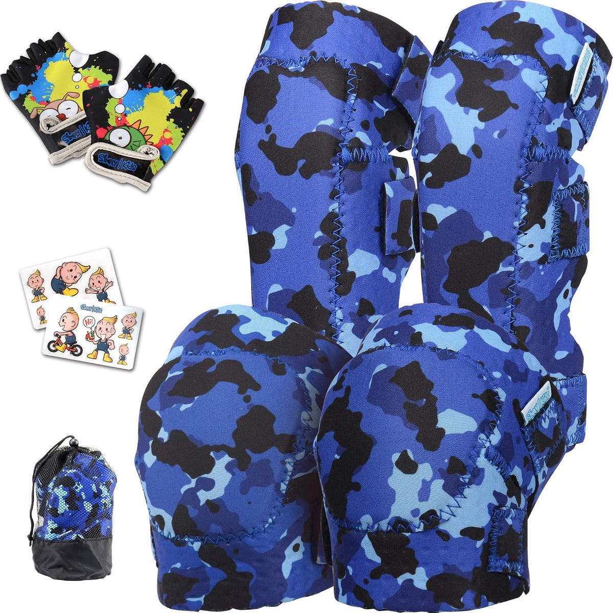 Soft-Style Kids Knee and Elbow Pads with Bike Gloves - Large / Ocean Camo