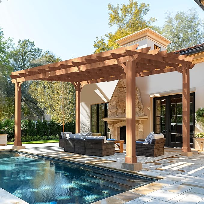 MUPATER 12x16 FT All Cedar Wood Wooden Pergola, Pergola Kit with Stakes, Quality Wood Supported Structure, Snow and Wind Supported, Outdoor Garden Shelter with Cedar Framed for Backyard, Deck, Lawn