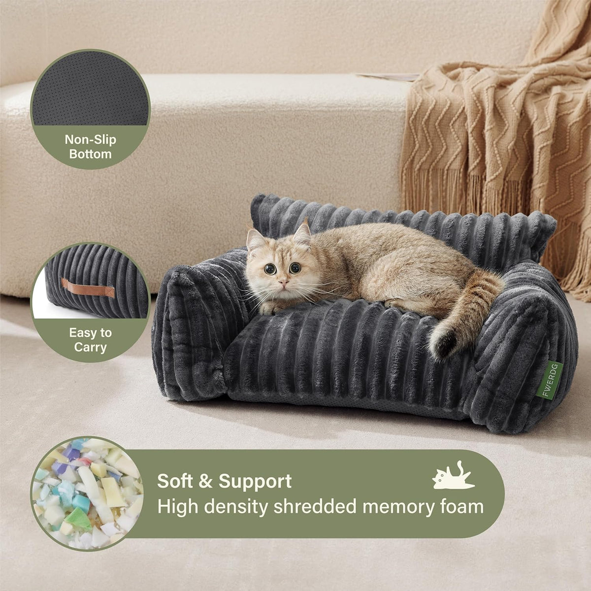 Cute Couch Bed for Pets, Supportive Cat Sofa for Indoor Cats - 24.0"L x 18.0"W x 10.0"Th / Grey - image 4