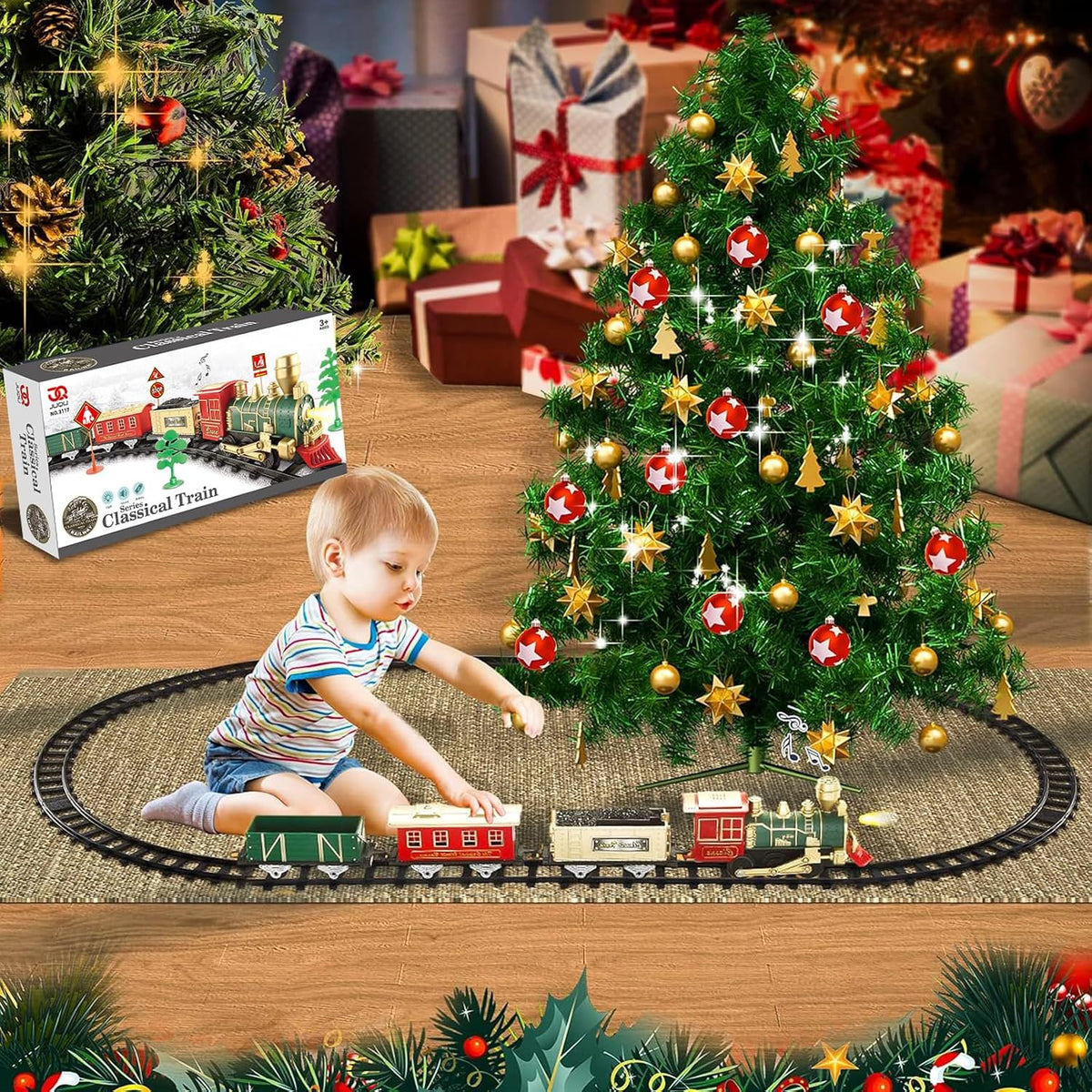 JUQU Train Set, Battery Operated Model Train Toy with Light - Green Gold Red - image 2