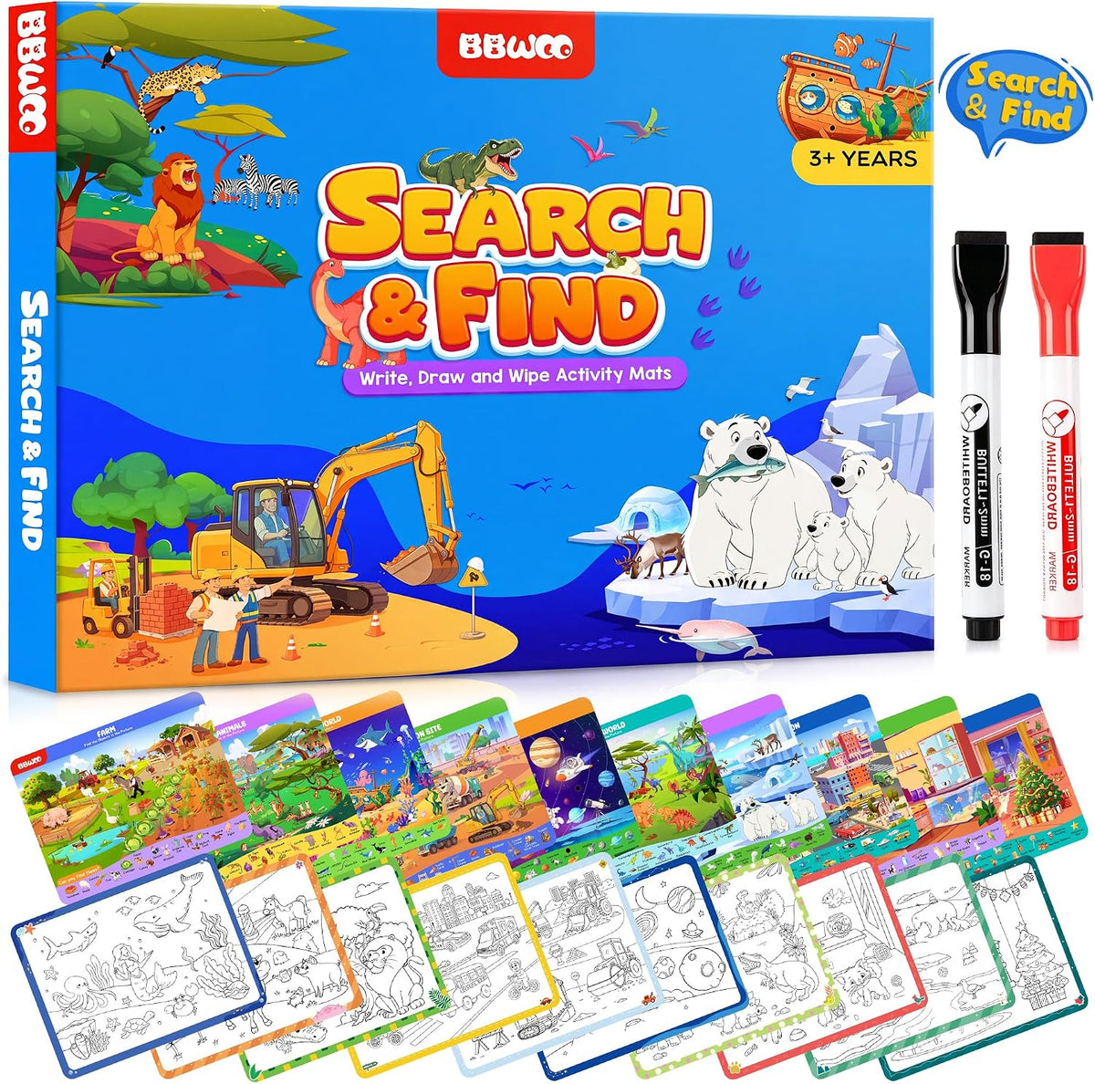 BBWOO Search and Find Activity Book - Sky Blue - Dinosaurs & Construction Site