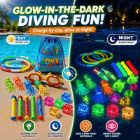 JoyX 35 piece glow pool diving toys set with LED cubes, diving rings, goggles and carry bag - view 2