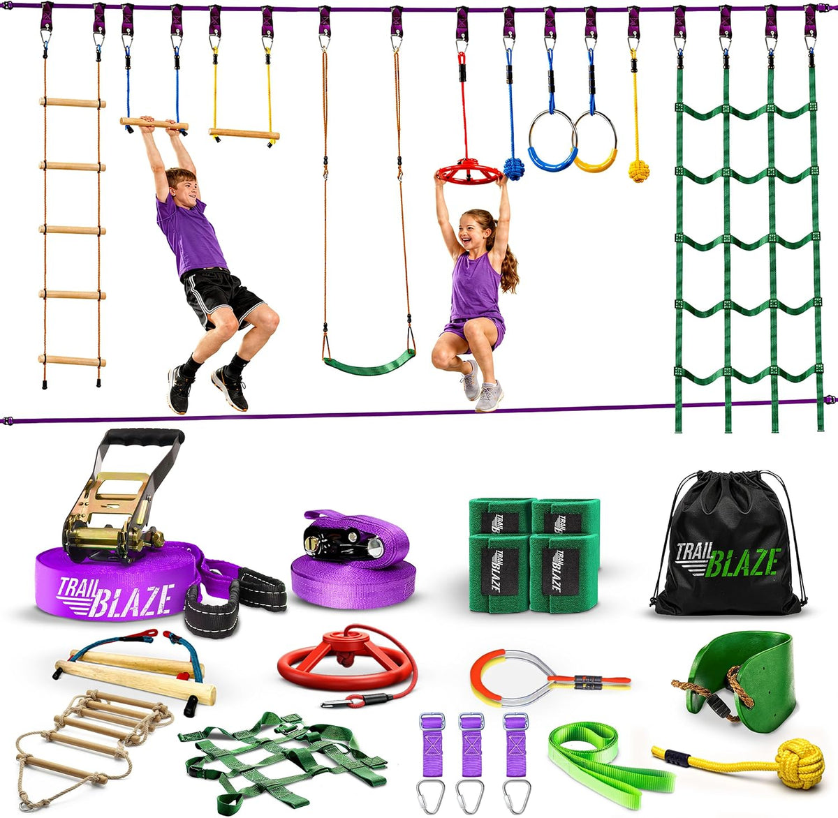 Ninja Warrior Obstacle Course Kids Outside - Purple / 55ft Double Line Kit – 10 Obstacles