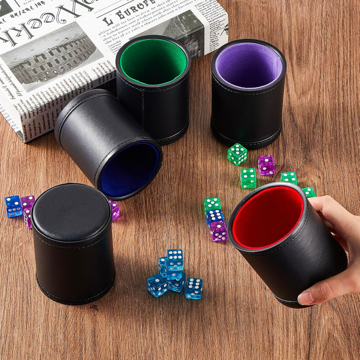 5 Pack PU Leather Dice Cups Felt Lining Quiet Shaker with 30 Dot Dice - Mixed Colors - image 2