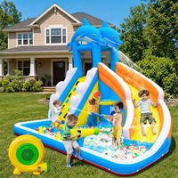 TOAOB inflatable water slide, dolphin bounce house with splash pool and climbing wall