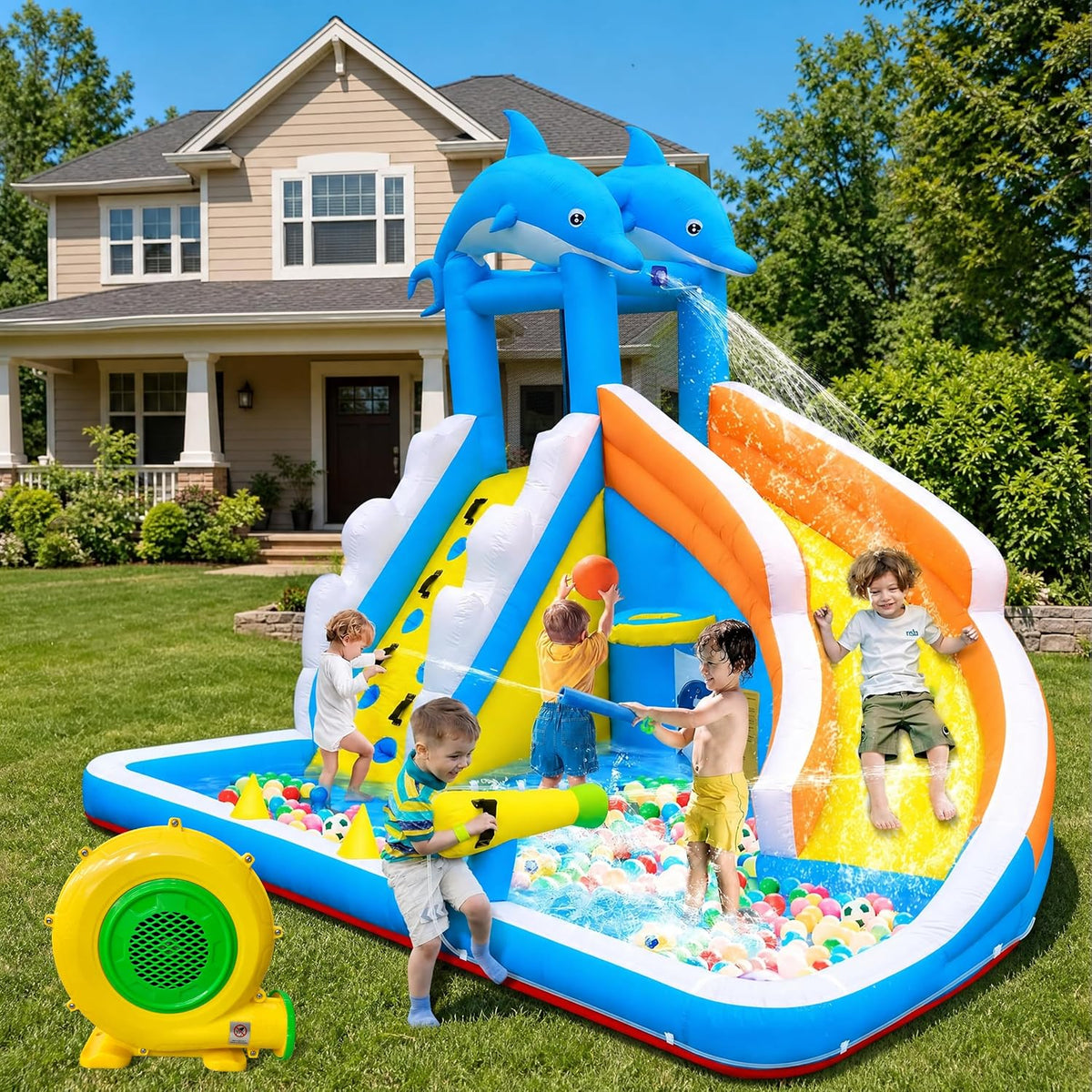 TOAOB inflatable water slide, dolphin bounce house with splash pool and climbing wall