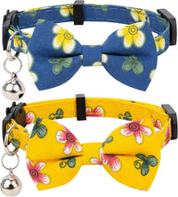 Collar for Cat Pet Breakaway with Bell Bowtie Detachable Bow - Flower-Blue & Yellow
