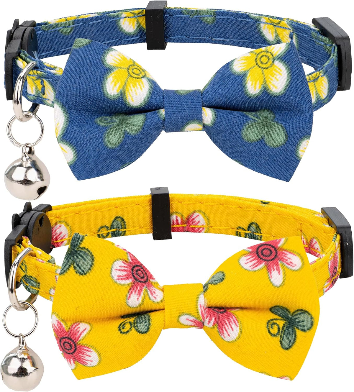 Collar for Cat Pet Breakaway with Bell Bowtie Detachable Bow - Flower-Blue & Yellow