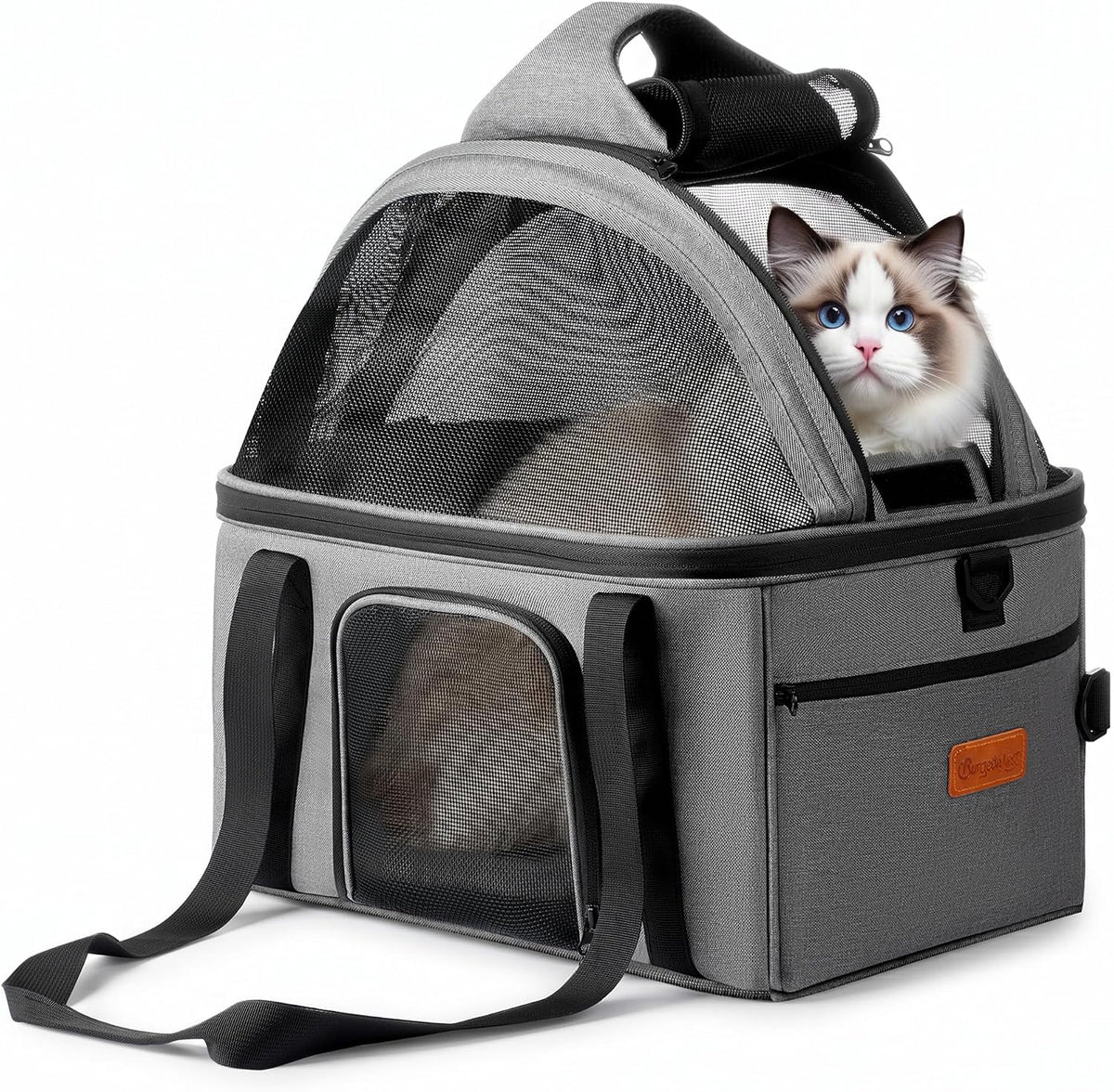 BurgeonNest Top-Expandable Cat Carrier with Semi-Open Canopy - Grey / Medium-Full-Open