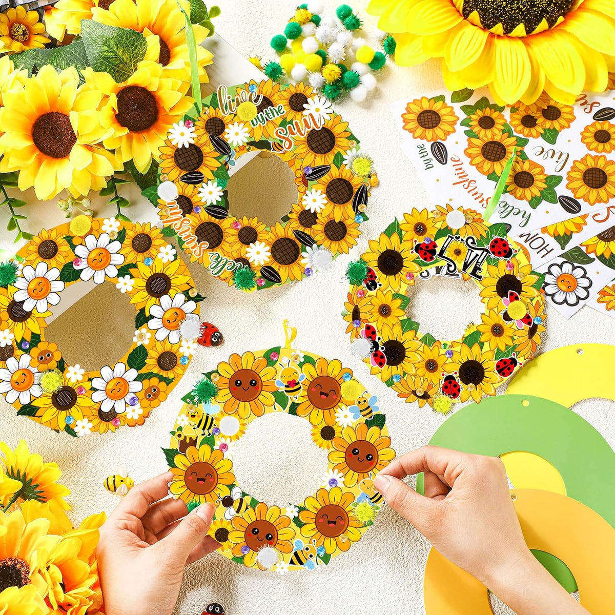 Hollowfly Thanksgiving paper wreath craft kits with gem stickers, ribbons and wool balls - view 20