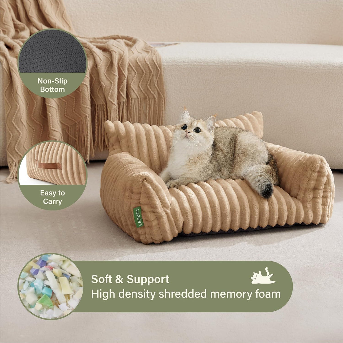 Cute Couch Bed for Pets, Supportive Cat Sofa for Indoor Cats - 24.0"L x 18.0"W x 10.0"Th / Beige - image 4