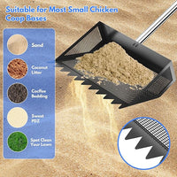 Chicken Poop Scooper & Rake 2-in-1, 304 Stainless Steel Shovel Head, Chicken Litter Scoop with Handle for Chicken Coop & Pet Waste Cleaning, Litter Sifting Shovel (35 to 65") US Patent Pending (Black)