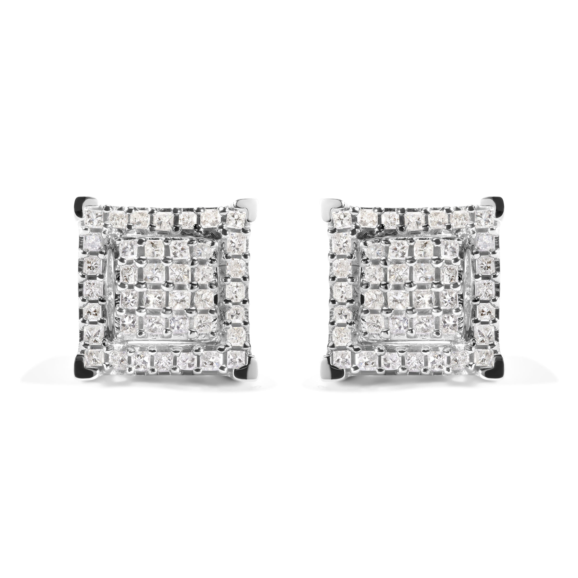 10K White Gold 1 1/4 Cttw Princess Diamond Composite Double Square and Halo Stud Earrings (I-J Color, I1-I2 Clarity)