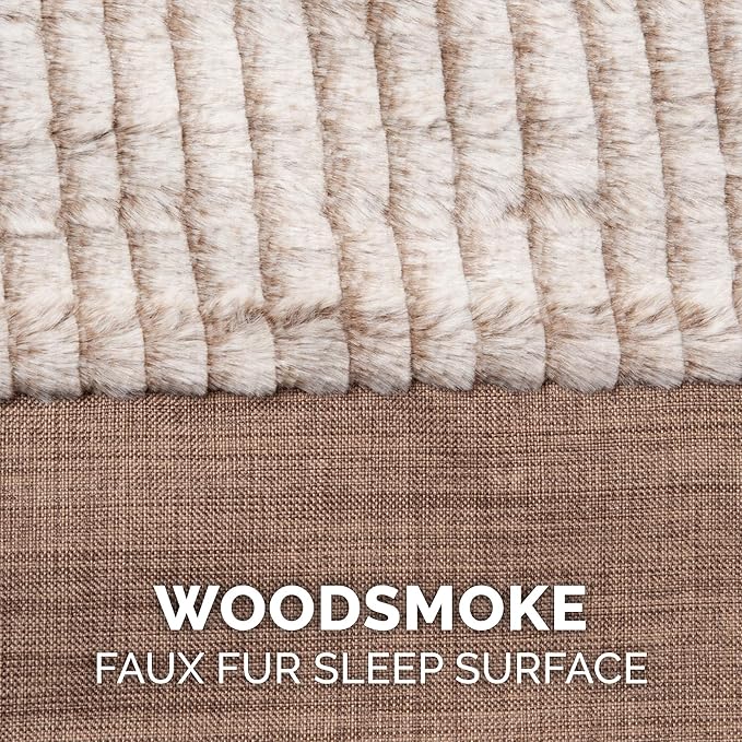 Furhaven Cooling Gel Dog Bed for Medium/Small Dogs w/ Removable Bolsters & Washable Cover, For Dogs Up to 35 lbs - Luxe Faux Fur & Performance Linen Sofa - Woodsmoke, Medium