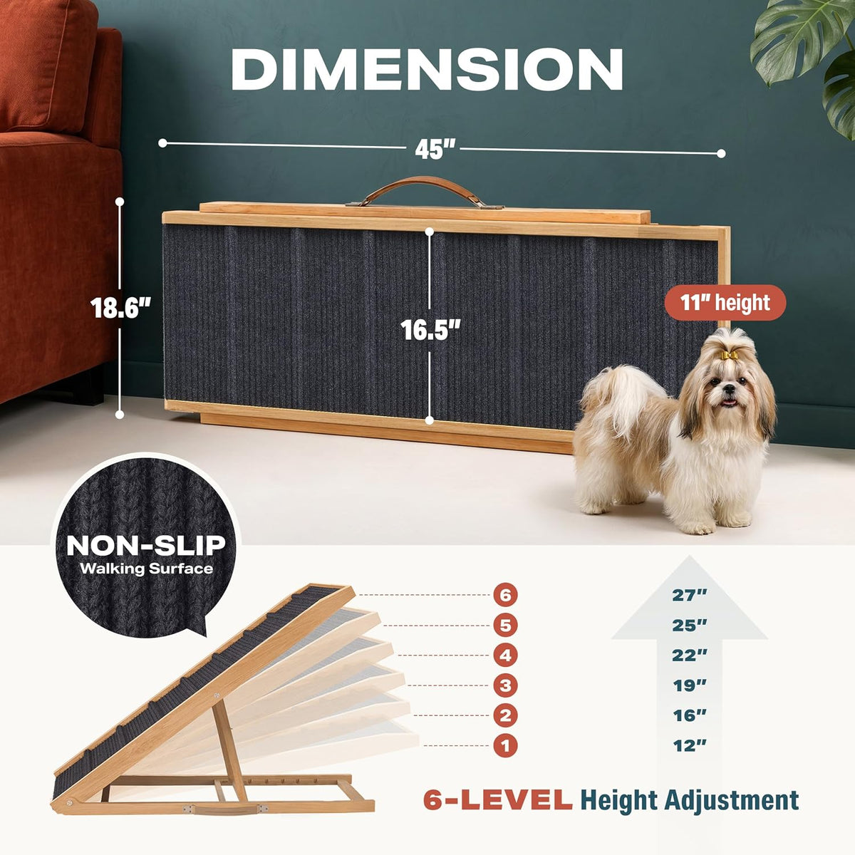 Adjustable Dog Ramp for Bed, Wooden Dog Ramp for Couch - Light Brown / 45" Long x 16.5" Walking Space - image 2