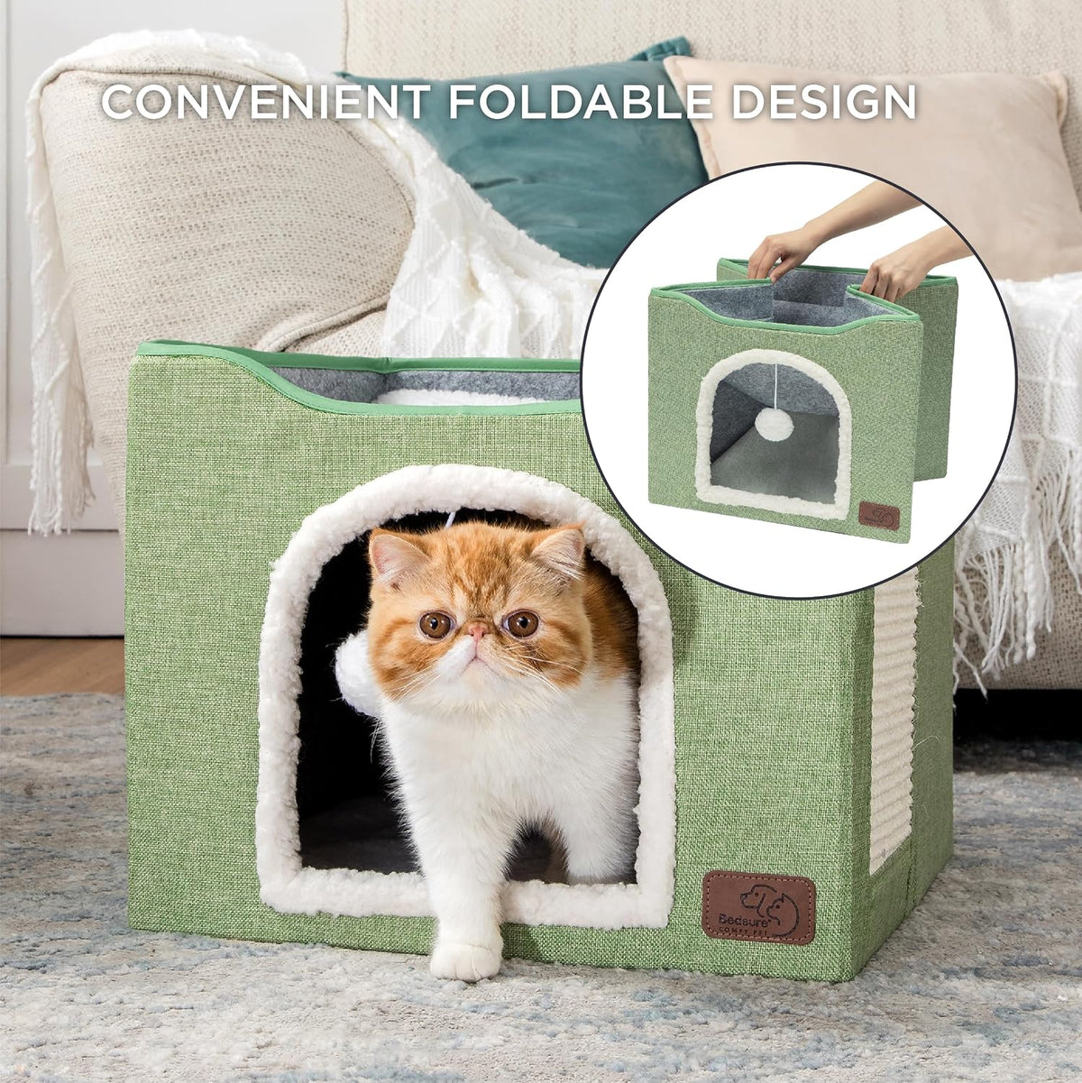 Bedsure Cat House Bed for Indoor Cats with Fluffy Ball and Scratch Pad - Green / Single - image 3