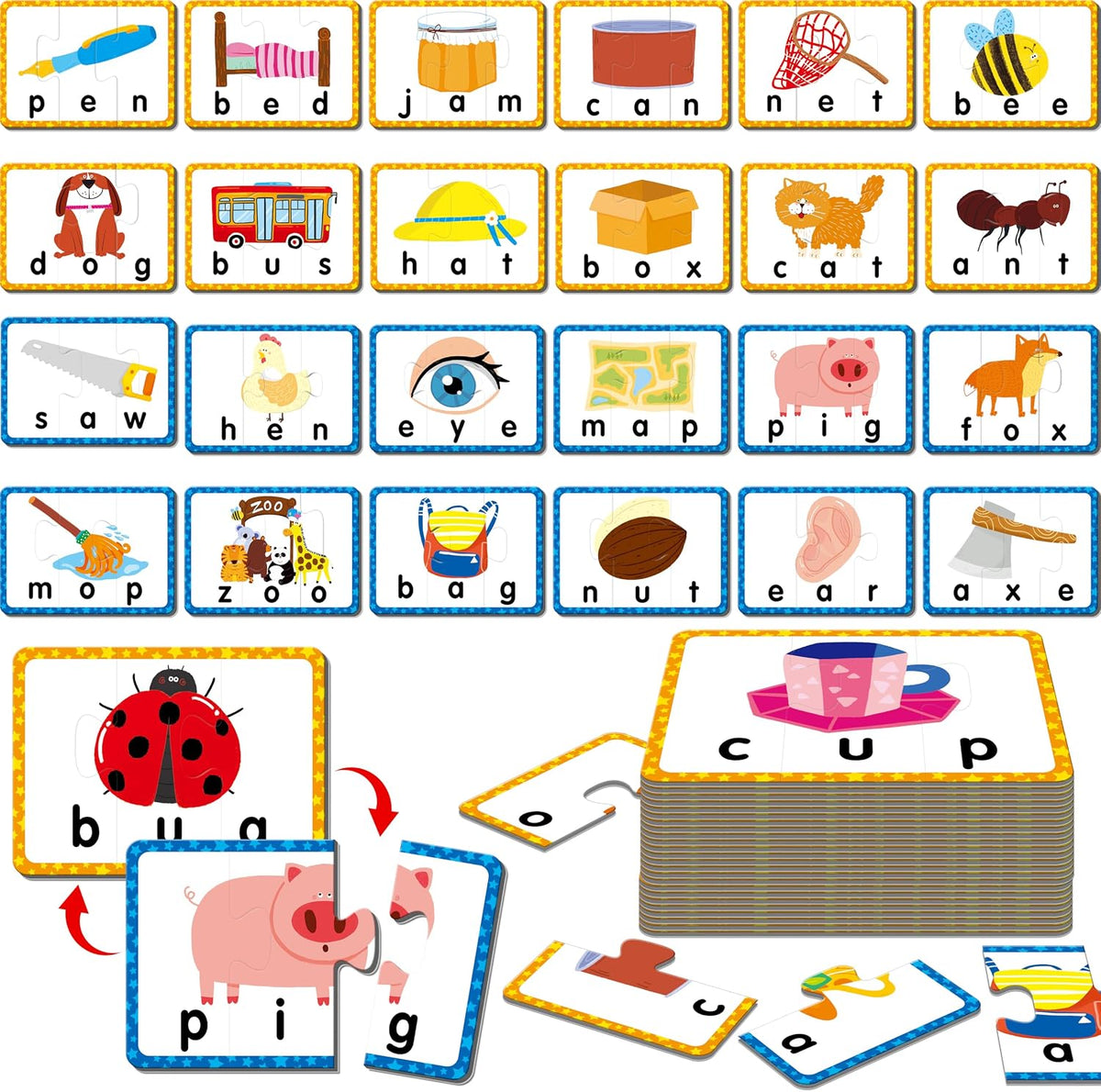 72 Word Spelling Puzzles with Error-Correction Mechanism in 3 Pieces - 24 Blocks Double Sided-A