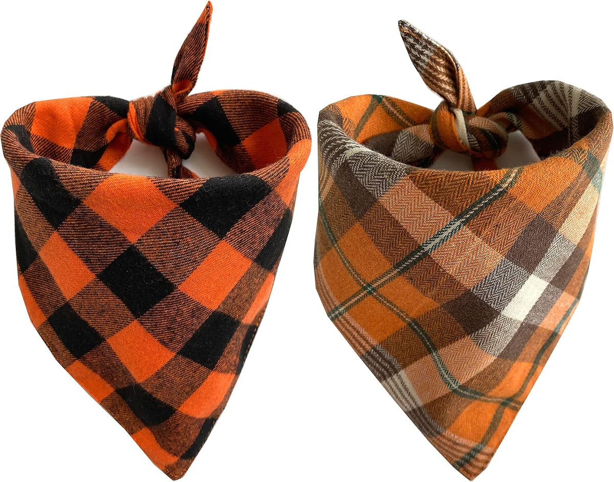 Fall Dog Bandanas 2 Pack, Orange Plaid Pet Scarf for Boy and Girl, Premium Durable Fabric, Holiday - Orange / Large