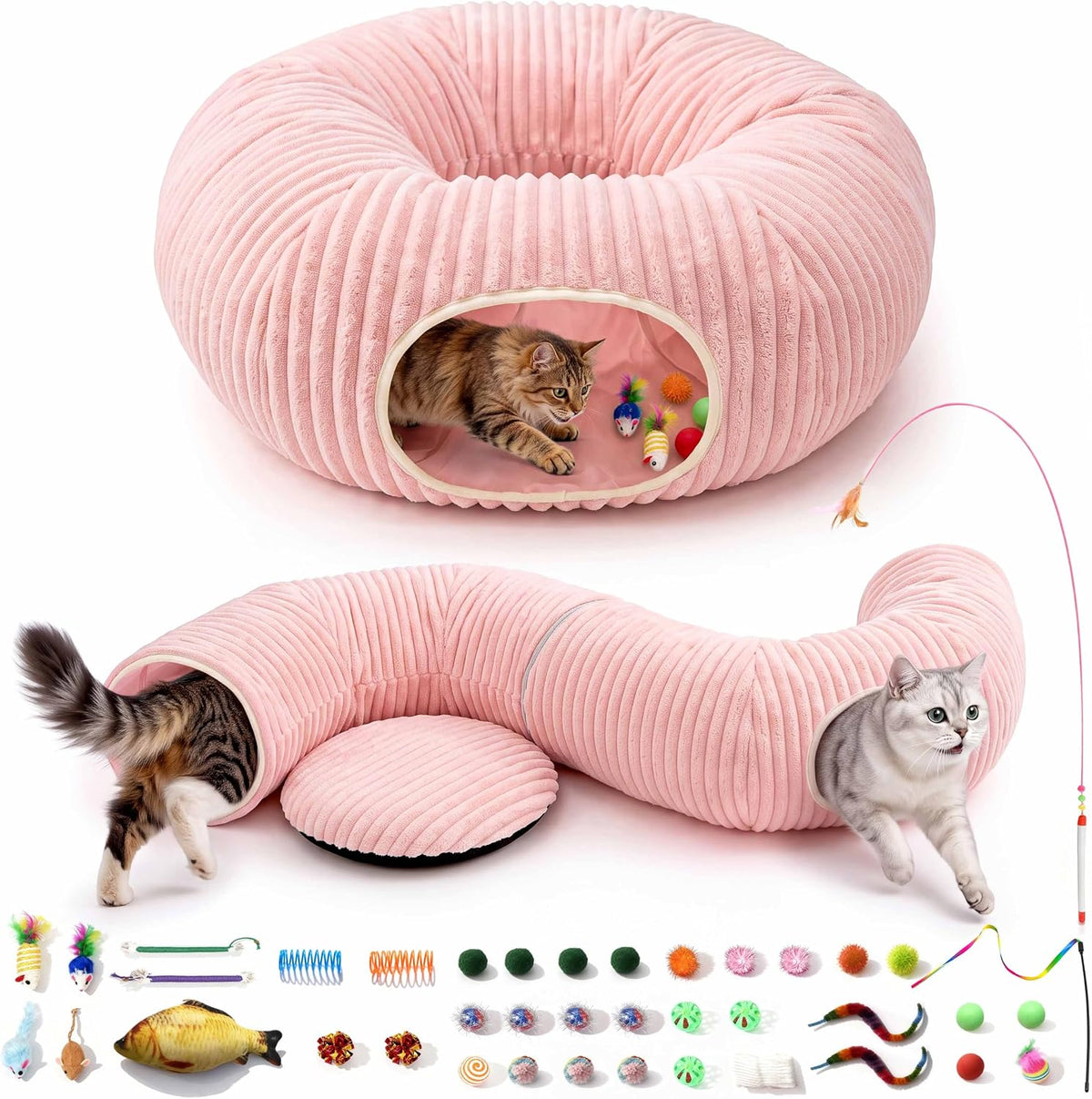 Cat Tunnel Bed with 40 Pcs Interactive Cat Toys - Pink / Medium
