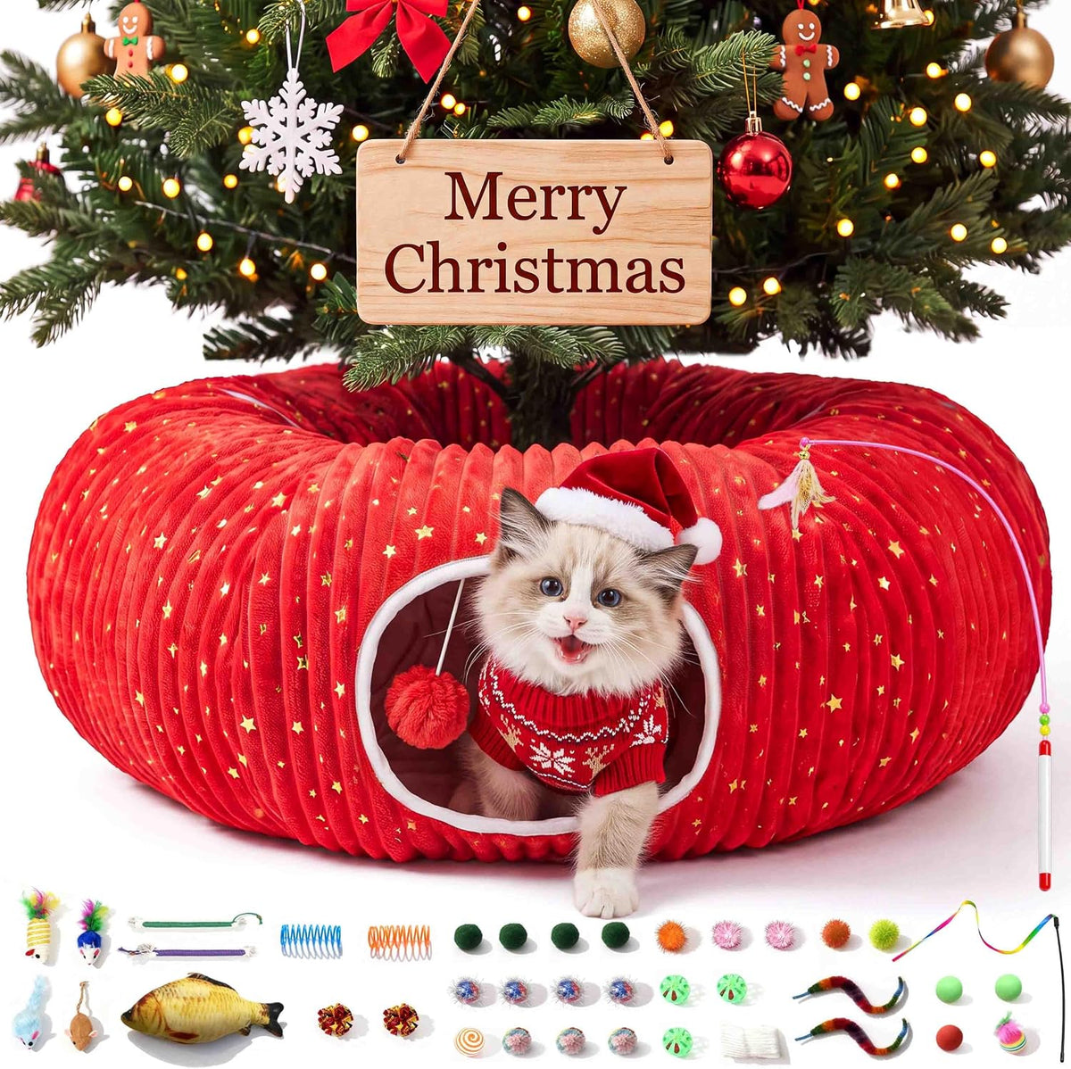 Cat Tunnel Bed with 40 Pcs Interactive Cat Toys - Red / Medium