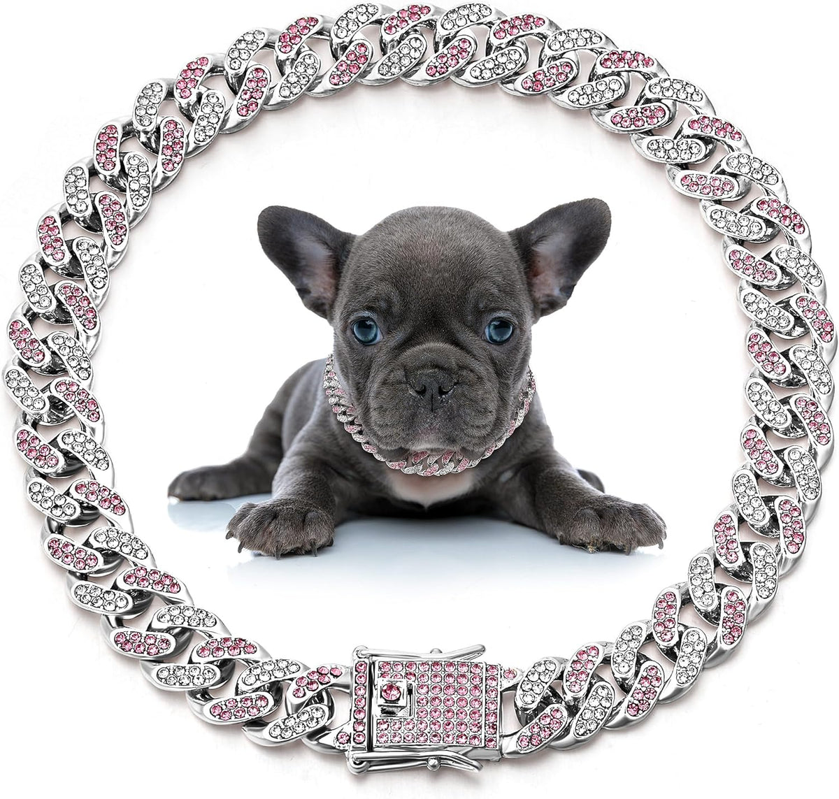LEIFIDE Cuban Link Dog Collar Chain 12mm, Rose Gold, Pink - 10 Inches / Silver, Pink White