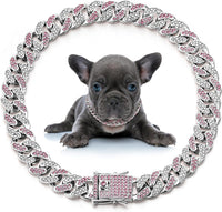 LEIFIDE Cuban Link Dog Collar Chain 12mm, Rose Gold, Pink - 10 Inches / Silver, Pink White