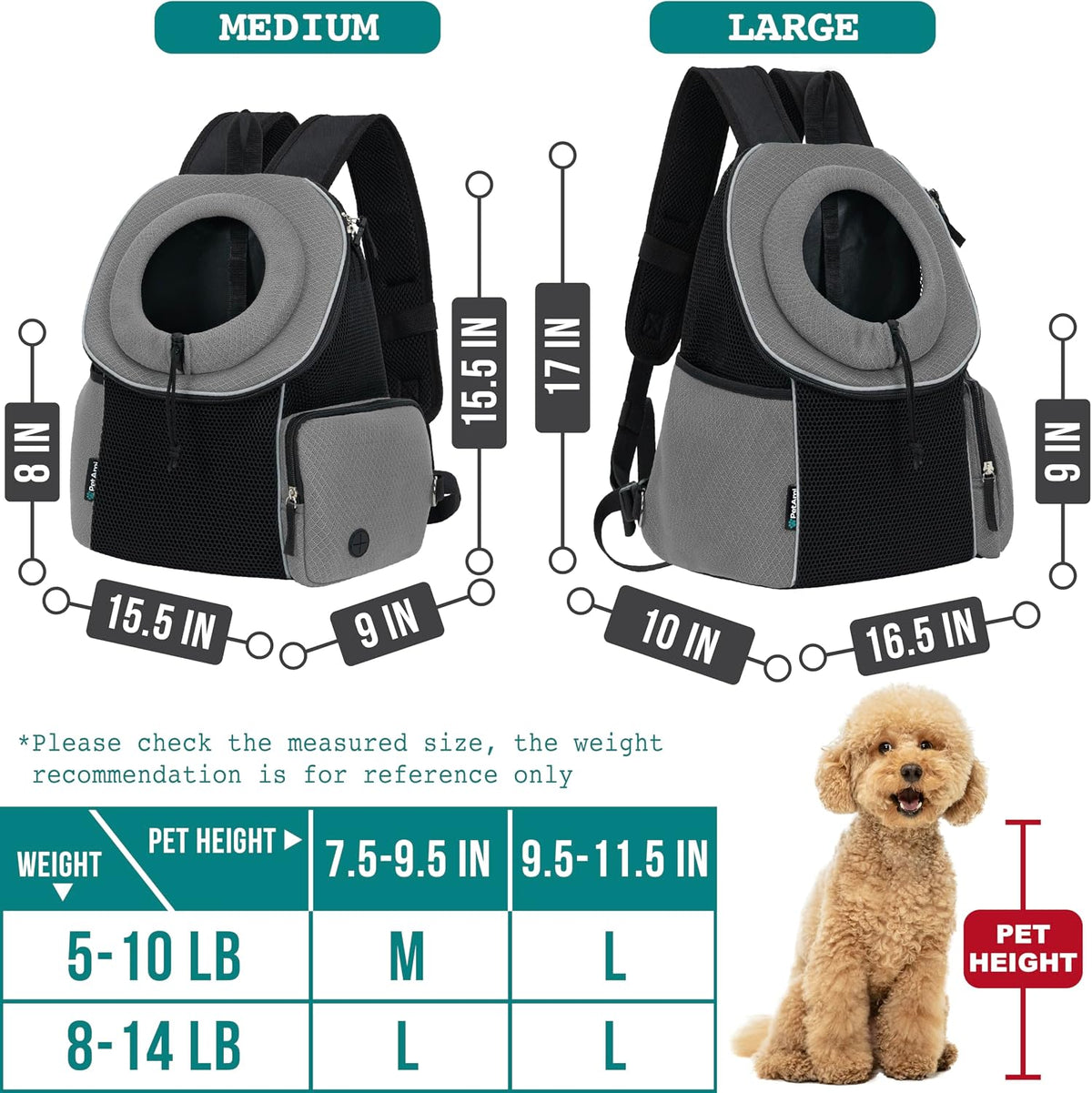 PetAmi Dog Carrier Backpack, Hands Free Front Pet Carrier - Gray / 16.5"L x 10.0"W x 17.0"H - image 2