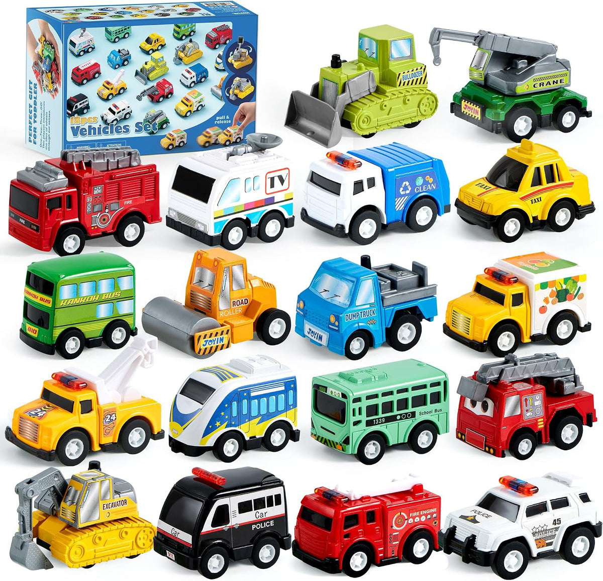 JOYIN 18 Pcs Pull Back City Cars and Trucks Toy Vehicles Set - Classic Cars Set