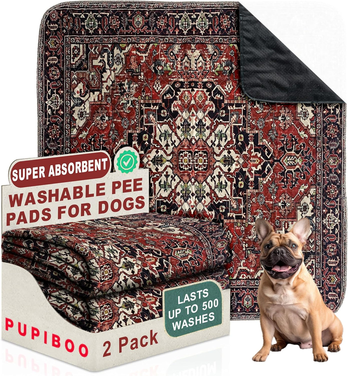 PUPIBOO Washable Pee Pads for Dogs and Cats - Red Medallion / 36 x 41 Inch (Pack of 2)