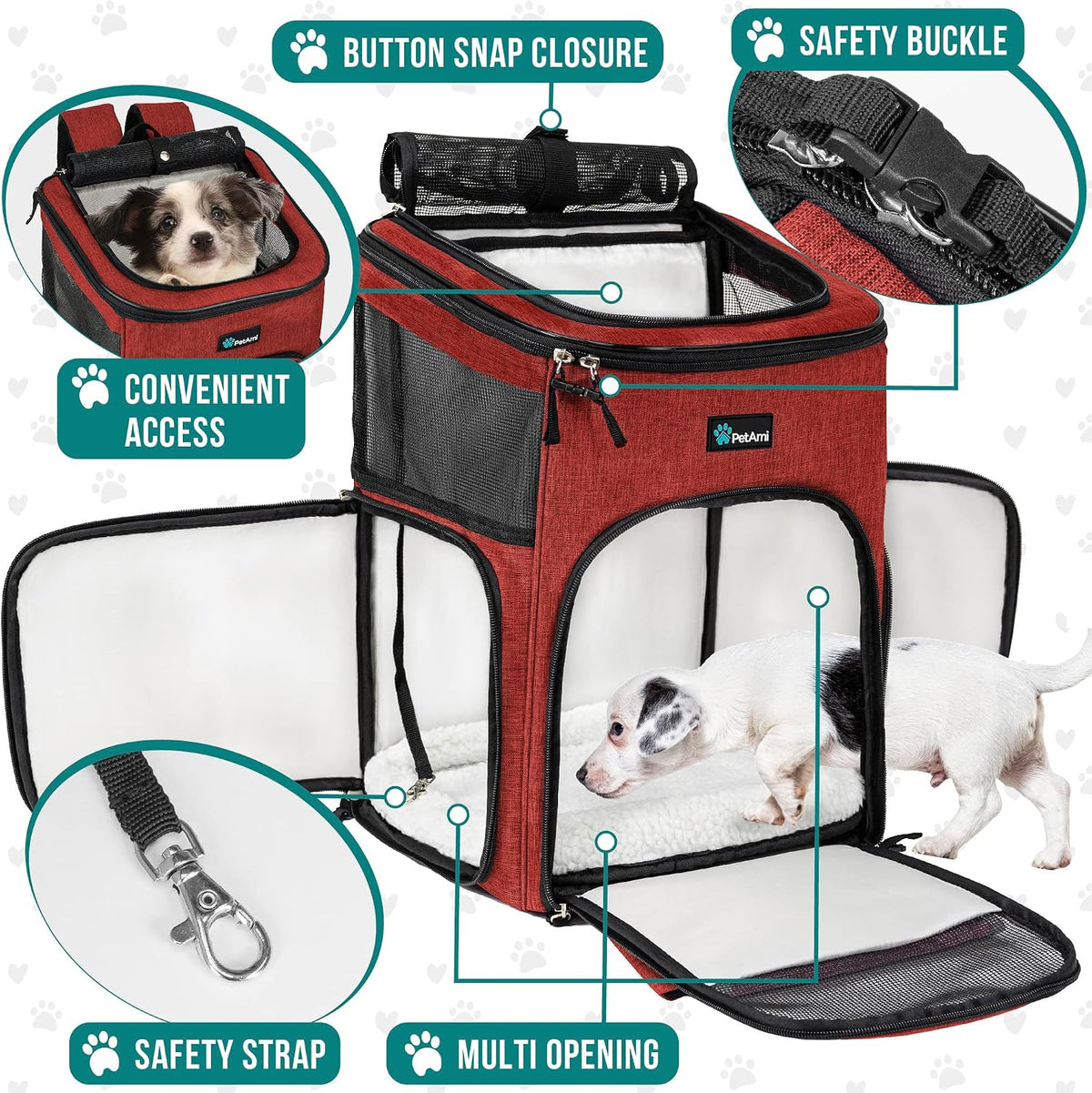PetAmi Dog Backpack Carrier - Red / 12.5"L x 12.0"W x 16.5"H - image 3