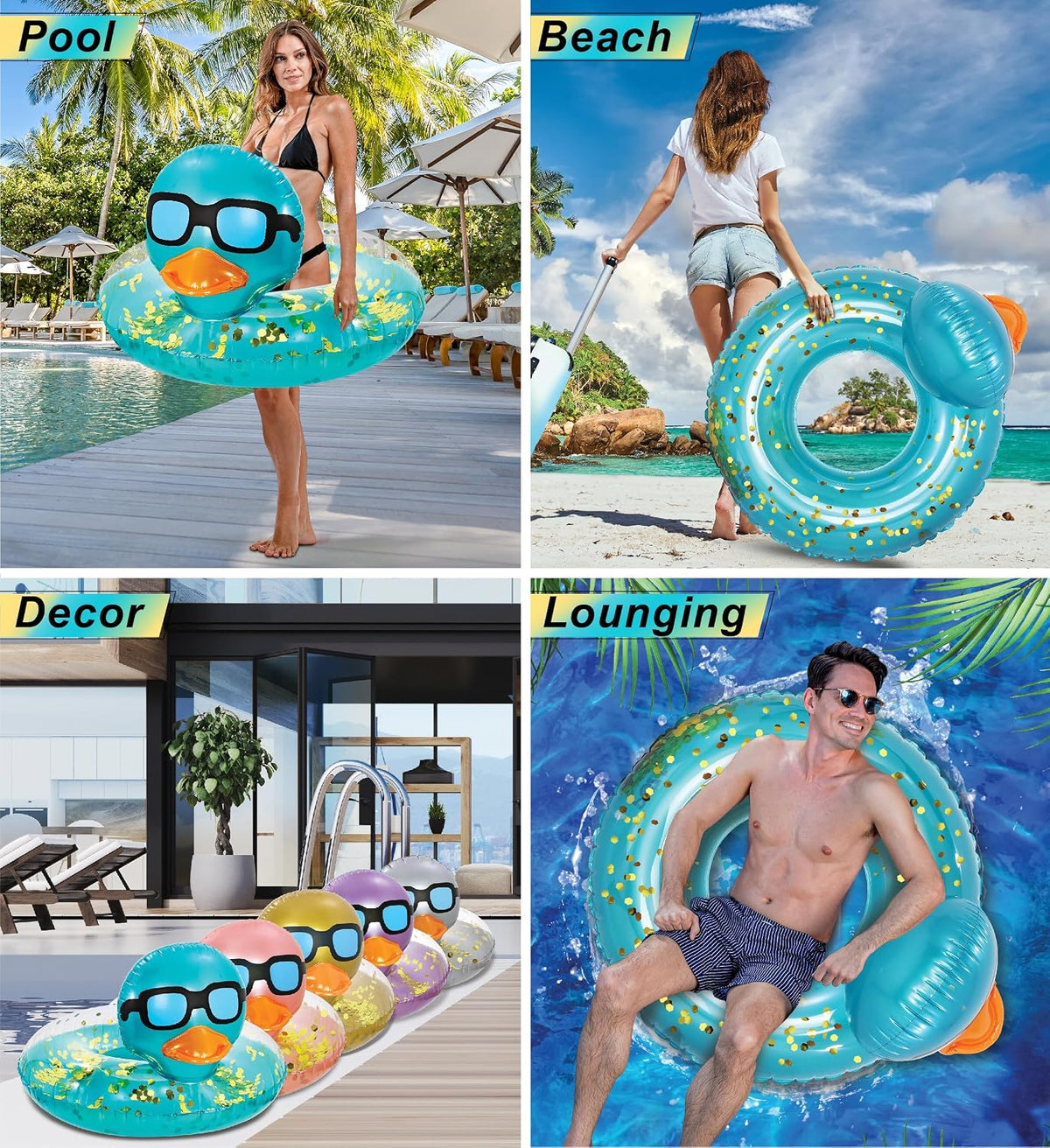 POZA inflatable duck pool float tube with gold confetti, sunglasses and orange beak - view 35