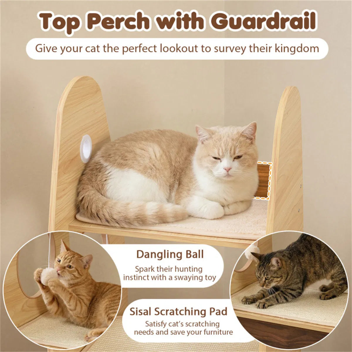 4-Tier Rocket Shape Cat Tree with 2-Tier Condo Sisal Scratch Pad Hanging Pompom Natural+White