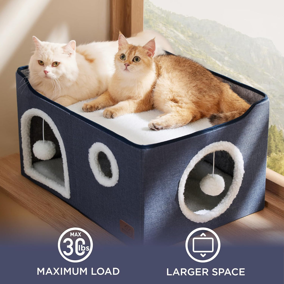Bedsure Cat House Bed for Indoor Cats with Fluffy Ball and Scratch Pad - Blue / Widen - image 4