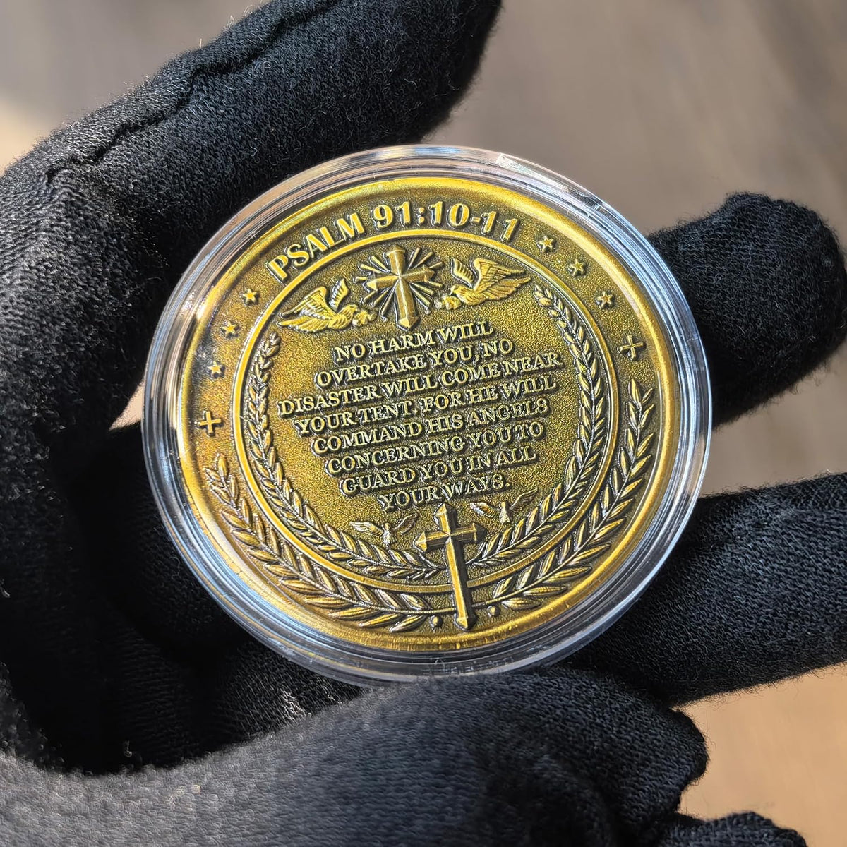 Archangel Michael challenge coin with Psalm 91:10-11 inscription in a clear case - view 3