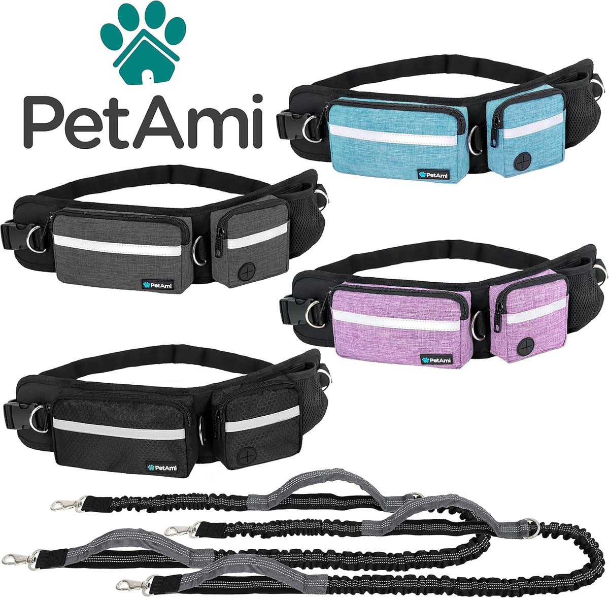 PetAmi Hands Free Dog Leash with Waist Running Belt Bag, Single – Essentials for Dogs - 2 Leashes / Charcoal Grey - image 4