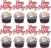 24 PCS Happy Birthday Cupcake Toppers Glitter Picks for Celebrating - Red