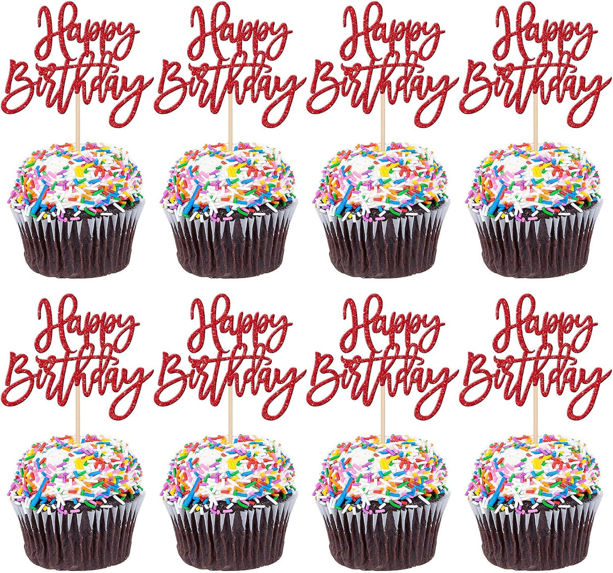 24 PCS Happy Birthday Cupcake Toppers Glitter Picks for Celebrating - Red