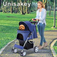 Unisakey Foldable 4-Wheel Pet Stroller for Dogs Cats 10-33lbs - Navy Blue - image 3