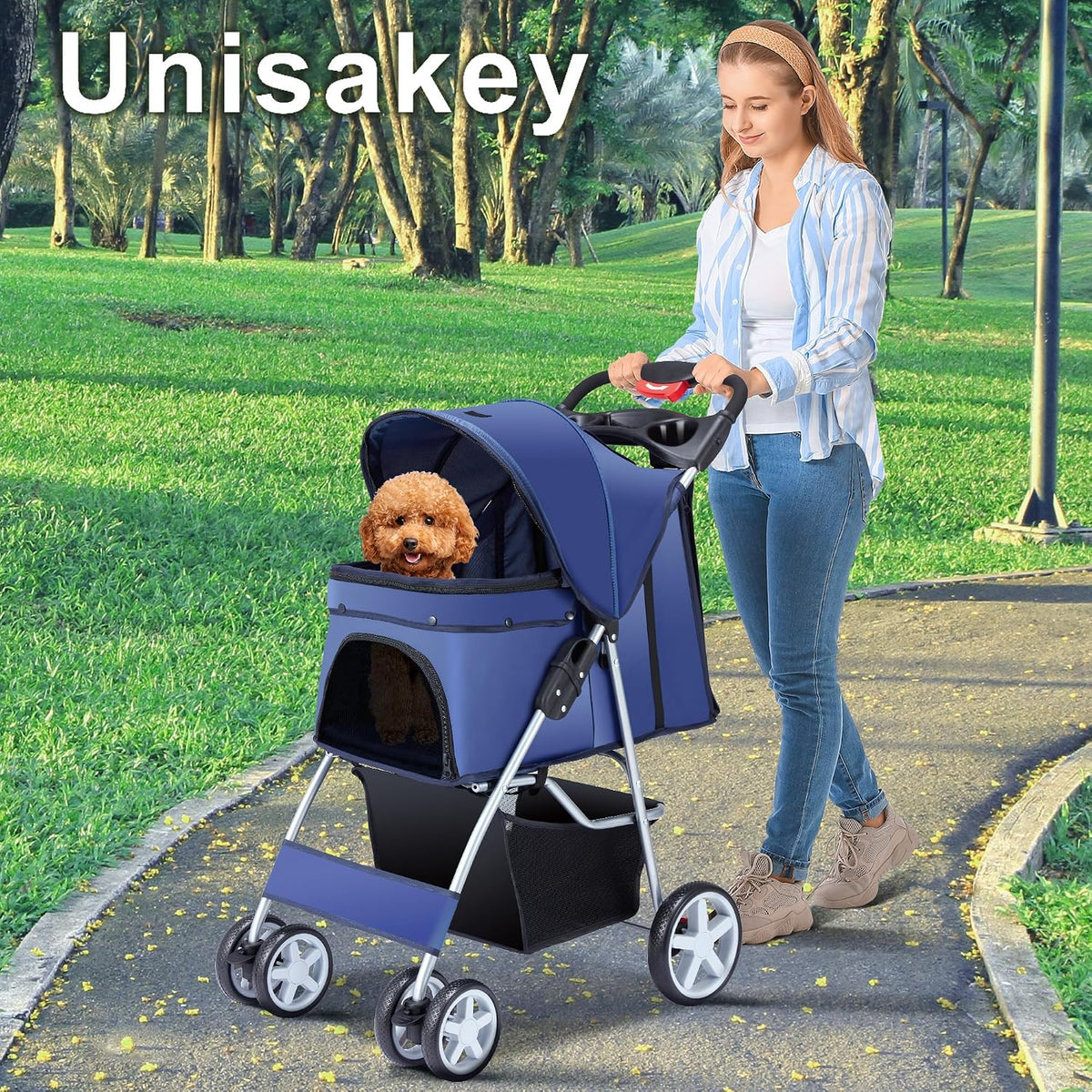 Unisakey Foldable 4-Wheel Pet Stroller for Dogs Cats 10-33lbs - Navy Blue - image 3
