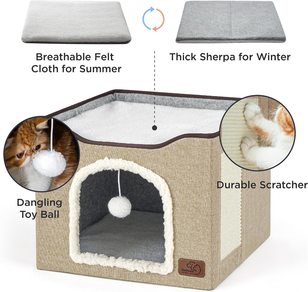 Bedsure Cat House Bed for Indoor Cats with Fluffy Ball and Scratch Pad - Brown / Single - image 3