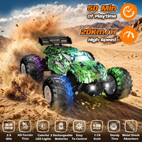 Remote Control Car All-Terrain 1:18 Rc Car with LED Lights 2 Batteries – Fun for Kids & Family - Green - image 2