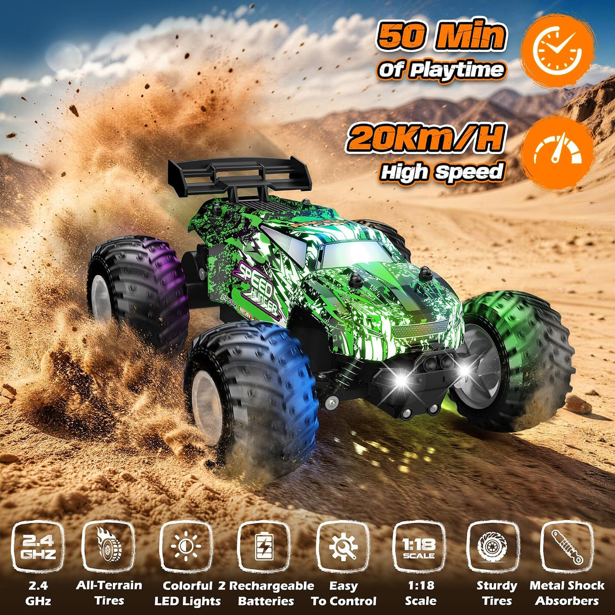 Remote Control Car All-Terrain 1:18 Rc Car with LED Lights 2 Batteries – Fun for Kids & Family - Green - image 2