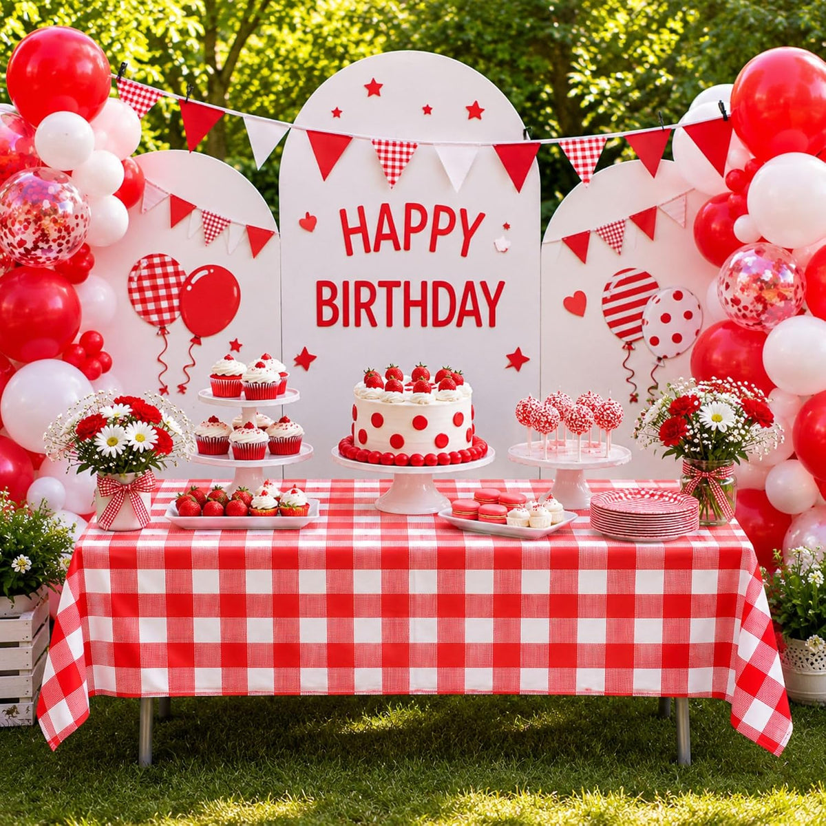 Stone Wall Table Covers, 54"x108" XL, Medieval Party Decorations - Red Gingham (Pack of 3) - image 4