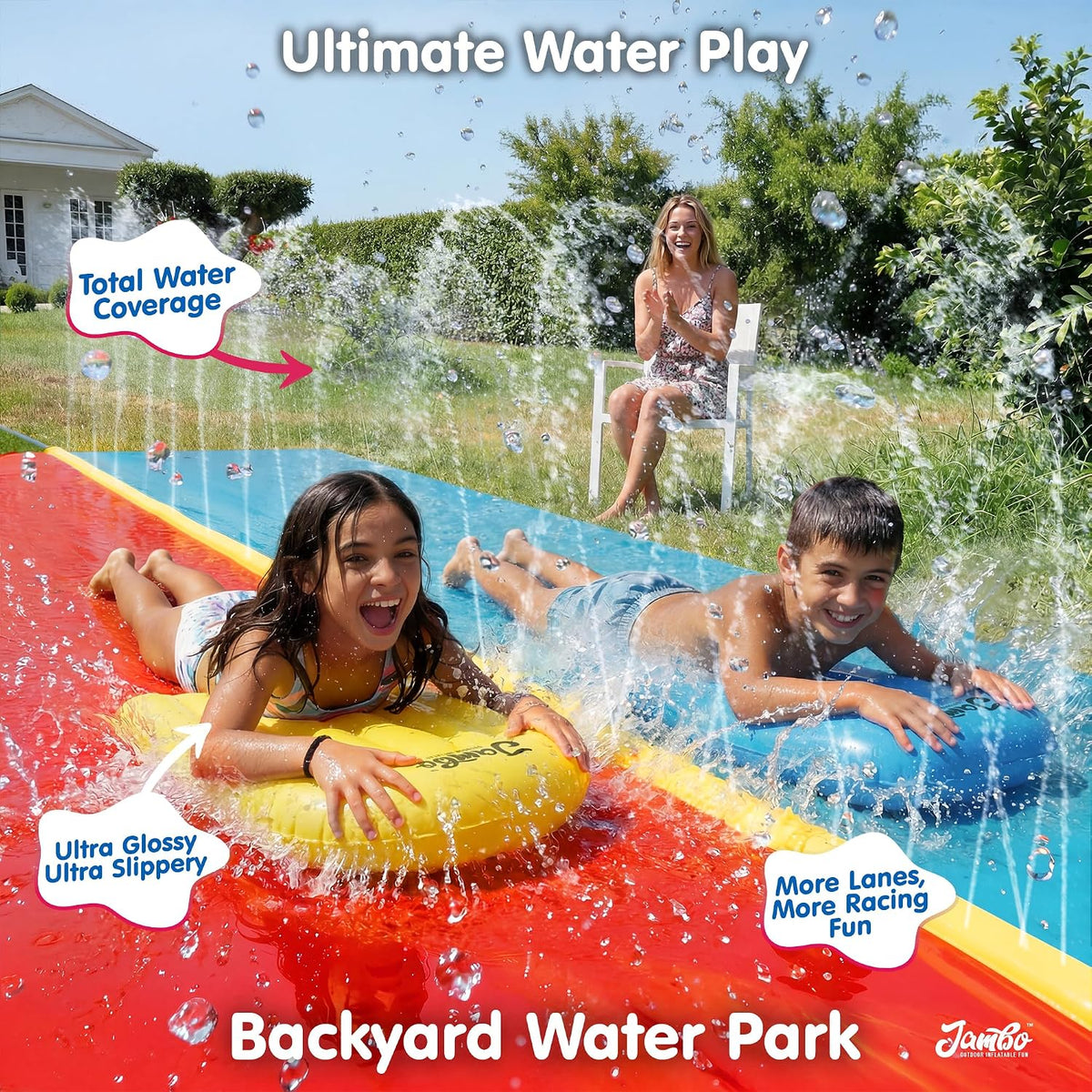 JAMBO Premium Triple Water Slide with 3 Bodyboards - 22.5ft Double Lane Yellow, Blue - image 3