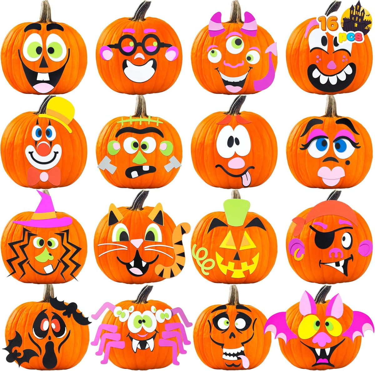 JOYIN Halloween pumpkin decorating stickers, 16 foam face kits including witch, bat and ghost - view 2