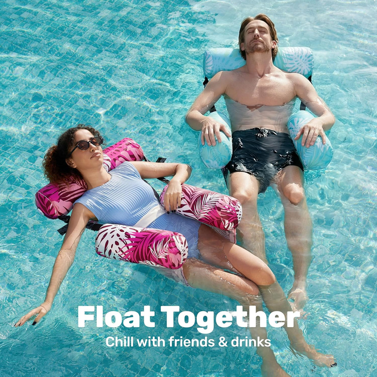 SLOOSH Inflatable Pool Floats Adult - Cyan, Pink-Tropical Leaves - image 3
