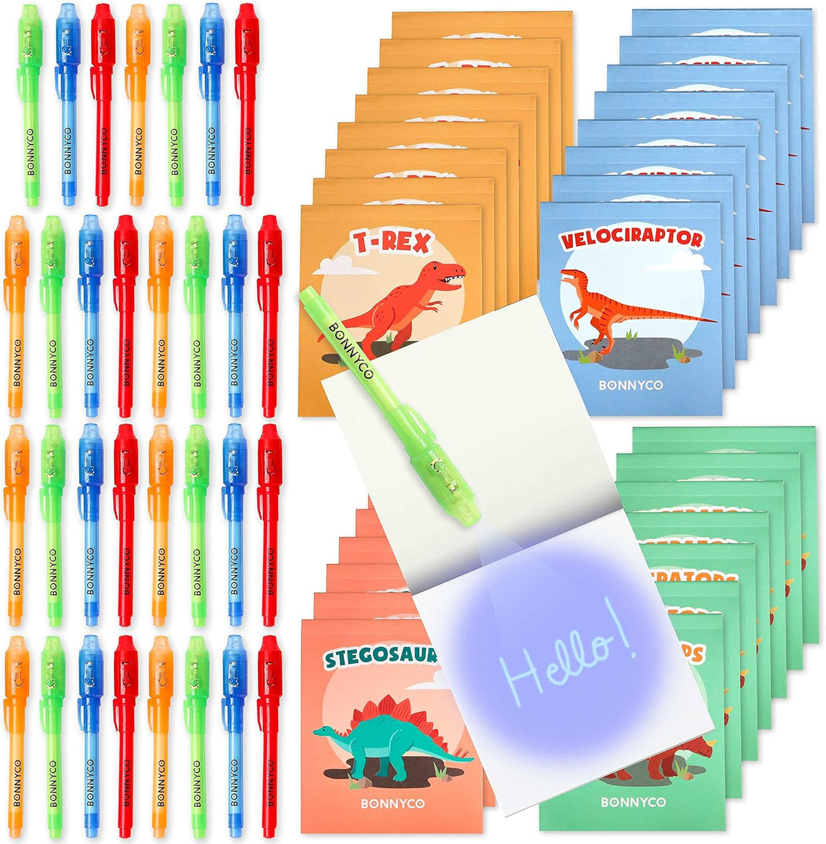 BONNYCO Invisible Ink Pen and Notebook Pack of 16 Party Favors - Dinosaurs - Pack 32