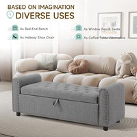 Ottoman with Storage, Tufted Storage Bench for Bedroom, 48" Fabrics End of Bed Bench, Upholstered Entryway Shoe Benches with Rolled Arm & Inner Zipper, Window Ottomans Chest with Rivets, Drak Grey